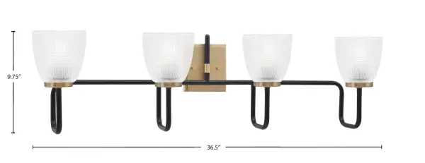 The Sandia 4 Light Bath Bar combines contemporary style with functional elegance. Its striking matte black and brass finish pairing creates visual interest, while the clear ribbed glass shades provide textured illumination perfect for vanity lighting. - alternate view