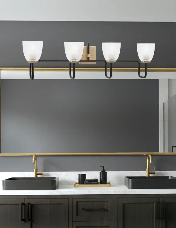 Sandia 4 Light Bath Bar in Matte Black & New Age Brass with Clear Ribbed Glass - Image 3