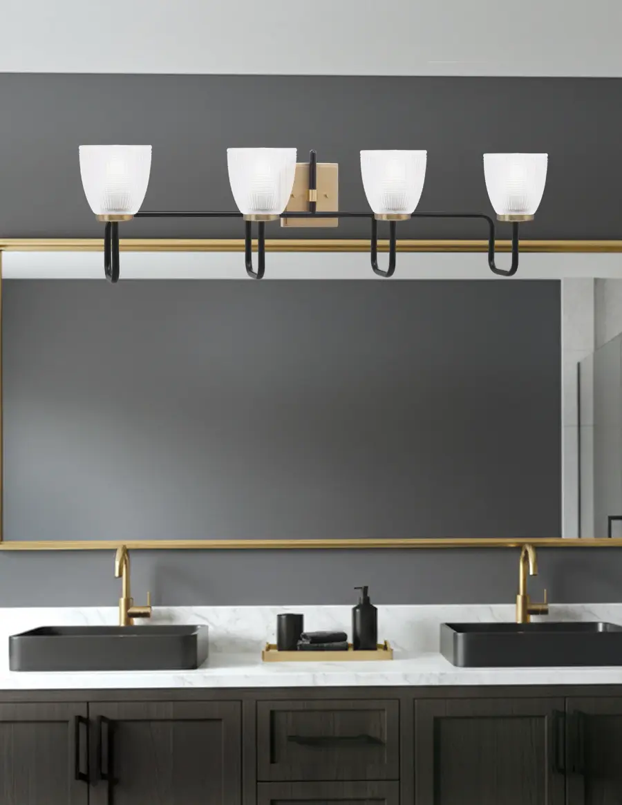 Sandia 4 Light Bath Bar in Matte Black & New Age Brass with Clear Ribbed Glass - Image 3