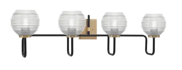 The Sandia 4 Light Bath Bar combines contemporary style with functional lighting. Its mixed metal finish of matte black and new age brass creates visual interest, while clear ribbed glass shades diffuse light beautifully for a warm, inviting glow.
