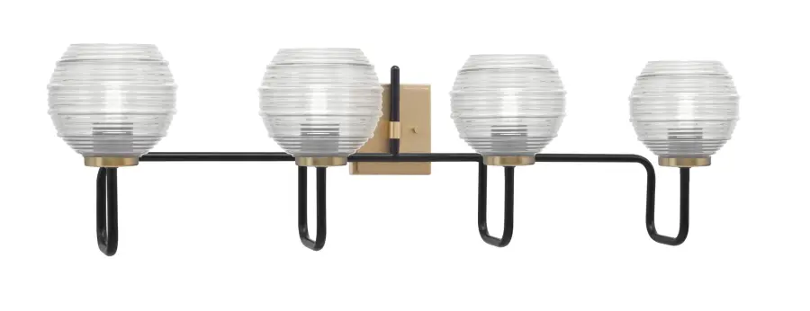 Sandia 4 Light Bath Bar in Matte Black & New Age Brass with Clear Ribbed Glass - Image 1