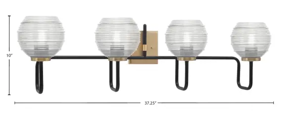The Sandia 4 Light Bath Bar combines contemporary style with functional lighting. Its mixed metal finish of matte black and new age brass creates visual interest, while clear ribbed glass shades diffuse light beautifully for a warm, inviting glow. - alternate view