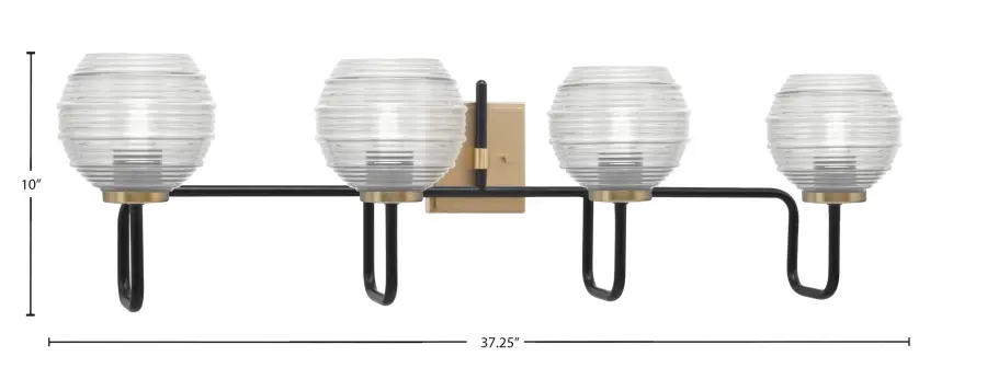 Sandia 4 Light Bath Bar in Matte Black & New Age Brass with Clear Ribbed Glass - Image 2