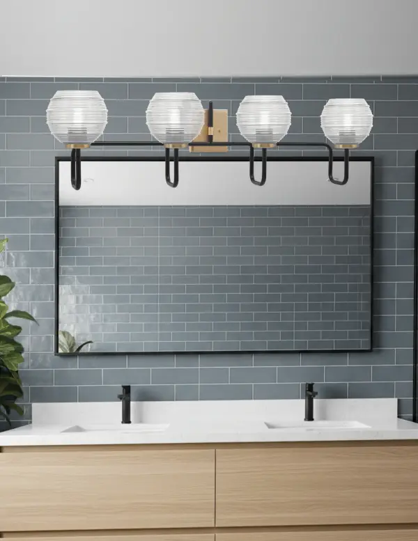 Sandia 4 Light Bath Bar in Matte Black & New Age Brass with Clear Ribbed Glass - Image 3