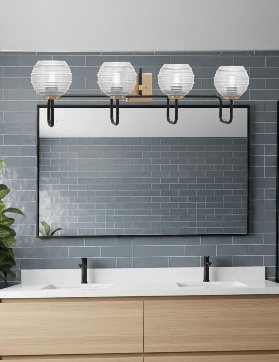 Sandia 4 Light Bath Bar in Matte Black & New Age Brass with Clear Ribbed Glass - Image 3