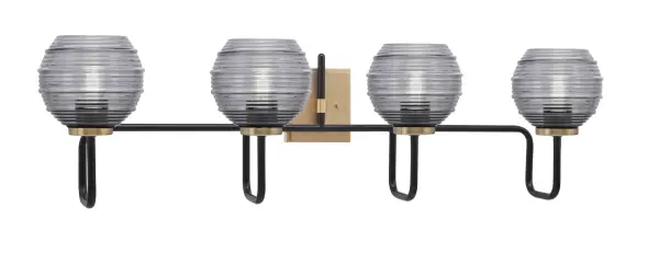 The Sandia 4 Light Bath Bar combines industrial charm with refined elegance through its striking two-tone finish and textured glass shades. The ribbed smoke glass creates a soft, diffused glow while adding visual interest.