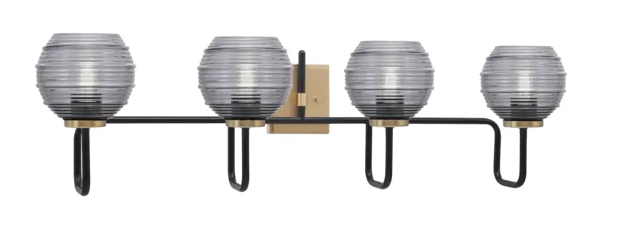 Sandia 4 Light Bath Bar in Matte Black & New Age Brass with Smoke Ribbed Glass - Image 1