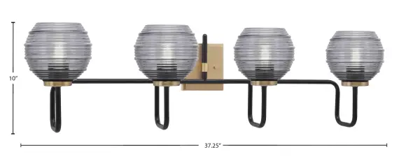 The Sandia 4 Light Bath Bar combines industrial charm with refined elegance through its striking two-tone finish and textured glass shades. The ribbed smoke glass creates a soft, diffused glow while adding visual interest. - alternate view