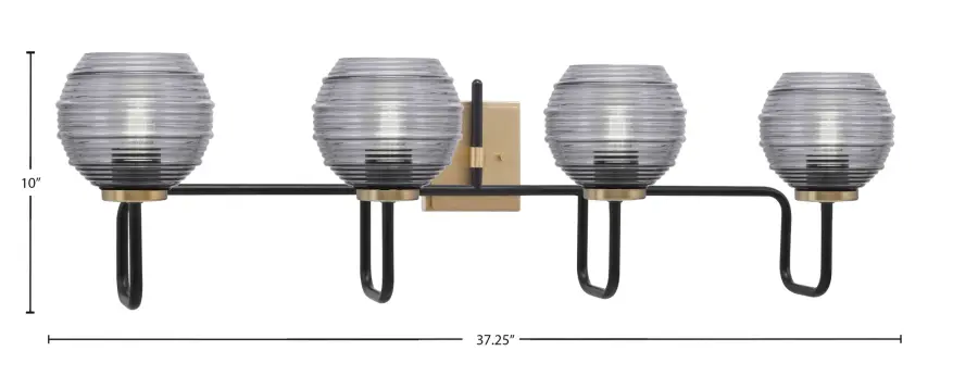 Sandia 4 Light Bath Bar in Matte Black & New Age Brass with Smoke Ribbed Glass - Image 2