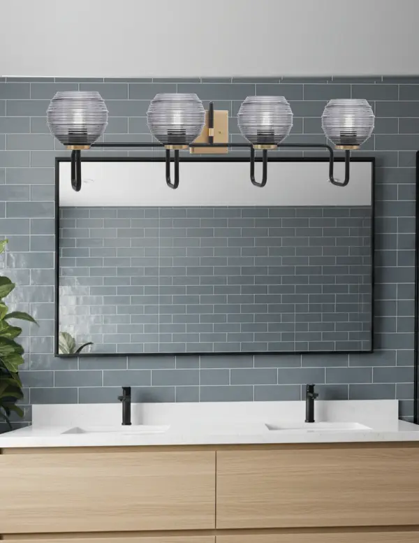 Sandia 4 Light Bath Bar in Matte Black & New Age Brass with Smoke Ribbed Glass - Image 3