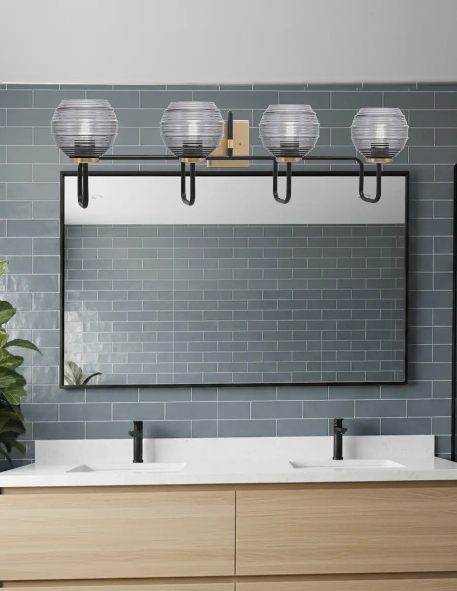 Sandia 4 Light Bath Bar in Matte Black & New Age Brass with Smoke Ribbed Glass - Image 3