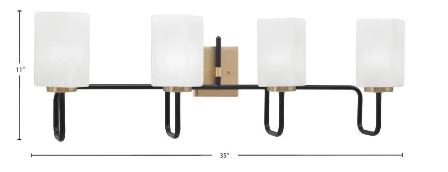 Sandia 4 Light Bath Bar in Matte Black & New Age Brass with White Marble Glass - Image 2