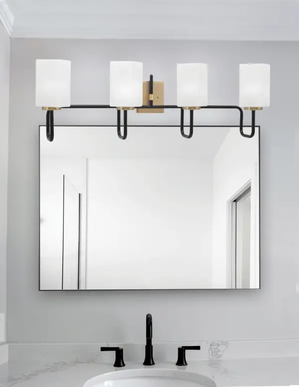 Sandia 4 Light Bath Bar in Matte Black & New Age Brass with White Marble Glass - Image 3
