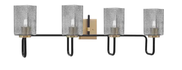 The Sandia 4 Light Bath Bar combines contemporary design with industrial flair, featuring a sophisticated Matte Black and New Age Brass two-tone finish. The unique square smoke bubble glass shades add visual texture and depth while providing ample illumination for bathroom tasks.