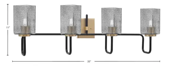 The Sandia 4 Light Bath Bar combines contemporary design with industrial flair, featuring a sophisticated Matte Black and New Age Brass two-tone finish. The unique square smoke bubble glass shades add visual texture and depth while providing ample illumination for bathroom tasks. - alternate view