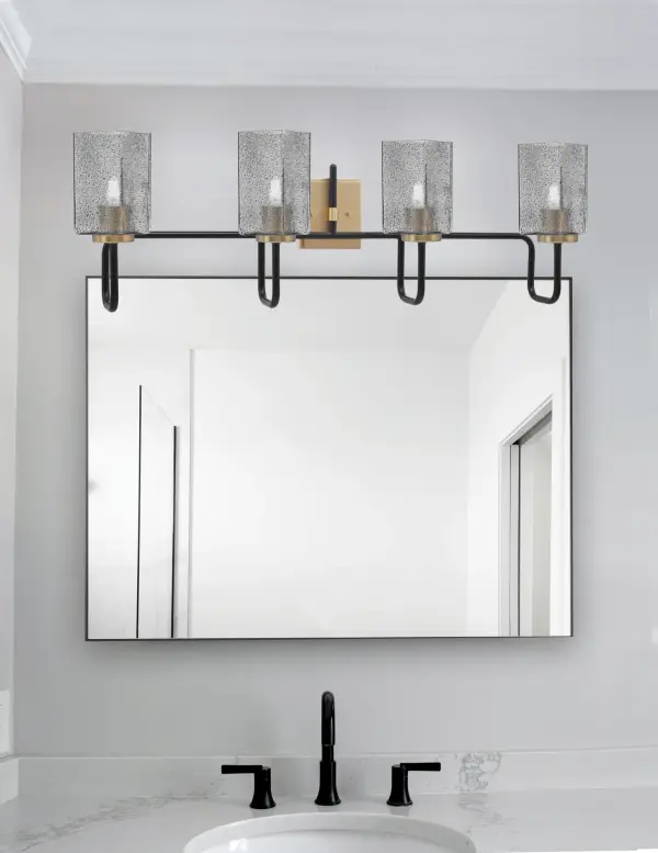Sandia 4 Light Bath Bar in Matte Black & New Age Brass with Smoke Bubble Glass - Image 3