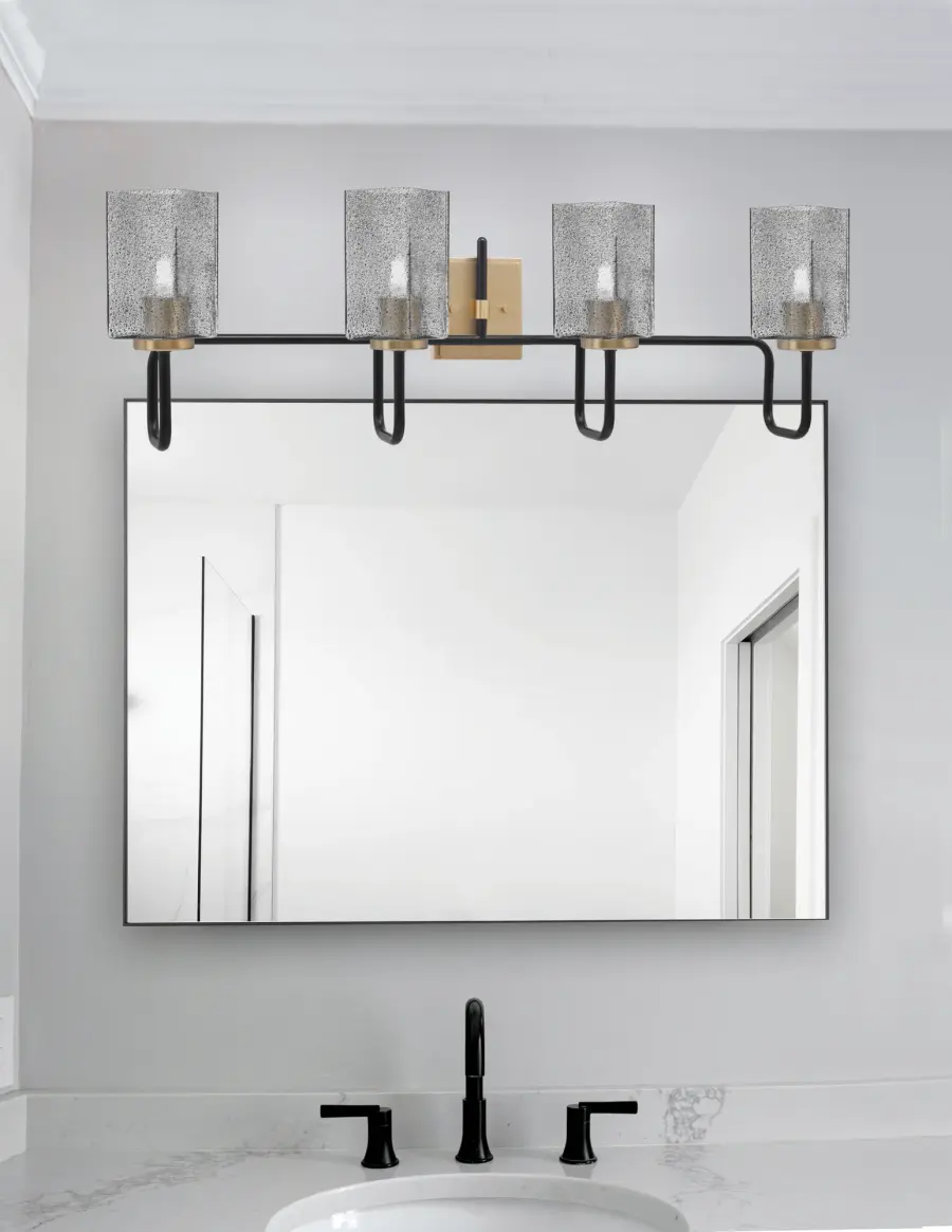 Sandia 4 Light Bath Bar in Matte Black & New Age Brass with Smoke Bubble Glass - Image 3
