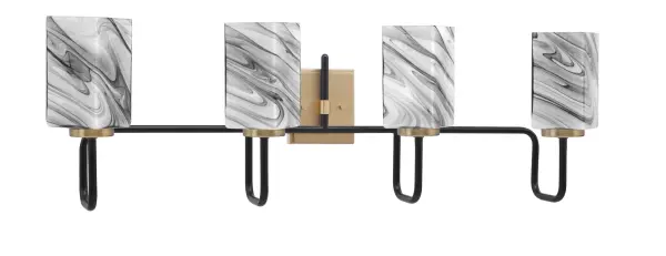 The Sandia 4 Light Bath Bar combines sophisticated matte black and brass finishes with unique onyx swirl glass shades. At 36.5 inches wide, it provides excellent illumination for medium to large vanities while making a bold design statement.