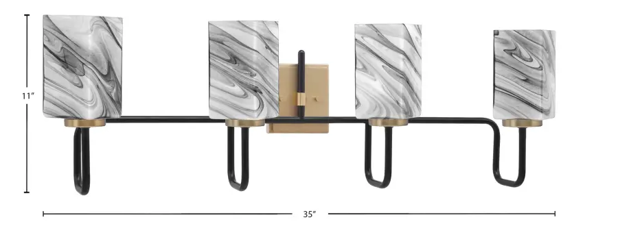 Sandia 4 Light Bath Bar in Matte Black & New Age Brass with Onyx Swirl Glass - Image 2