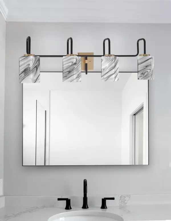 Sandia 4 Light Bath Bar in Matte Black & New Age Brass with Onyx Swirl Glass - Image 3