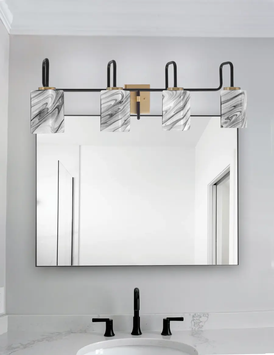 Sandia 4 Light Bath Bar in Matte Black & New Age Brass with Onyx Swirl Glass - Image 3
