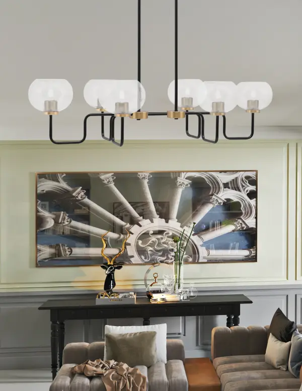Sandia 6-Light Island Pendant in Matte Black & New Age Brass with Clear Bubble Glass - Image 3
