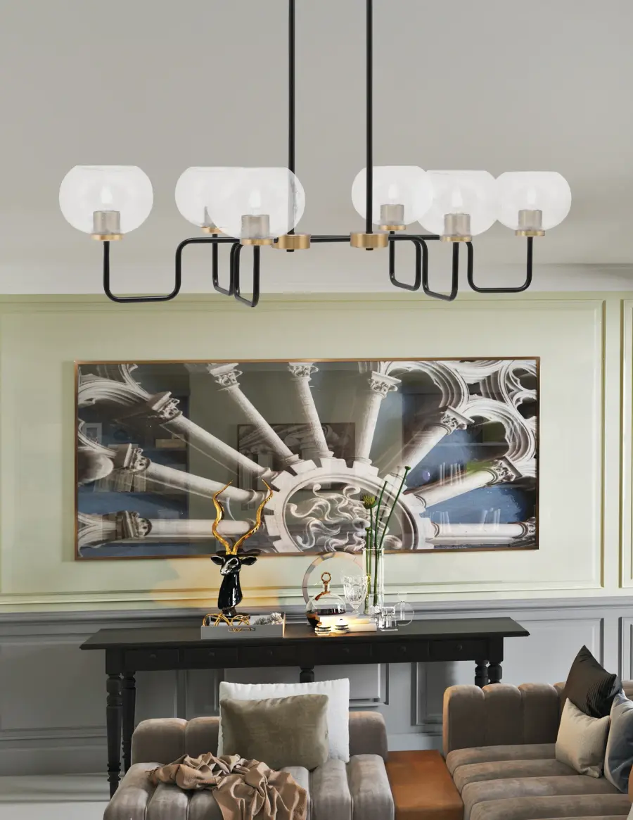 Sandia 6-Light Island Pendant in Matte Black & New Age Brass with Clear Bubble Glass - Image 3