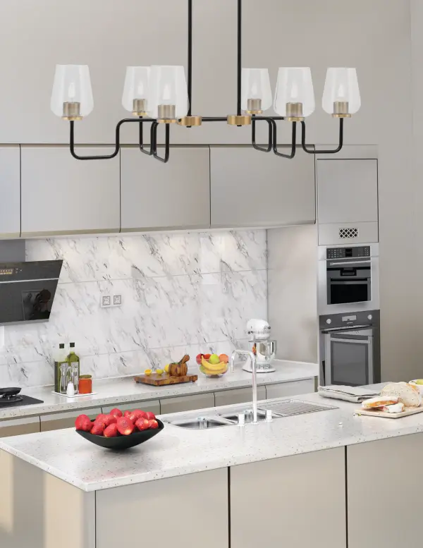 Sandia 6-Light Island Pendant in Matte Black & New Age Brass with Clear Bubble Glass - Image 3