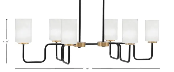 The Sandia 6 Light Island Light combines striking Matte Black and New Age Brass finishes with classic White Marble Glass shades. At 40 inches long, it's perfectly sized for large kitchen islands and dining tables, delivering both substantial illumination and sophisticated style. - alternate view