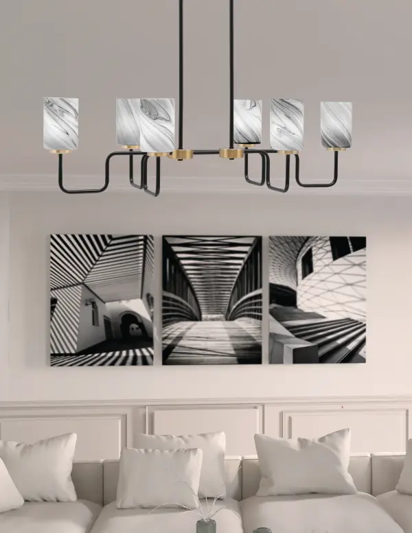 Sandia 6-Light Island Pendant in Matte Black & New Age Brass with Onyx Swirl Glass - Image 3