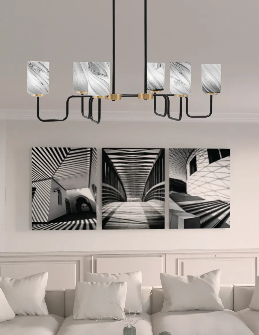 Sandia 6-Light Island Pendant in Matte Black & New Age Brass with Onyx Swirl Glass - Image 3