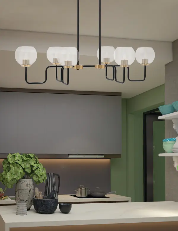 Sandia 6-Light Island Light in Matte Black & New Age Brass with Clear Bubble Glass - Image 3