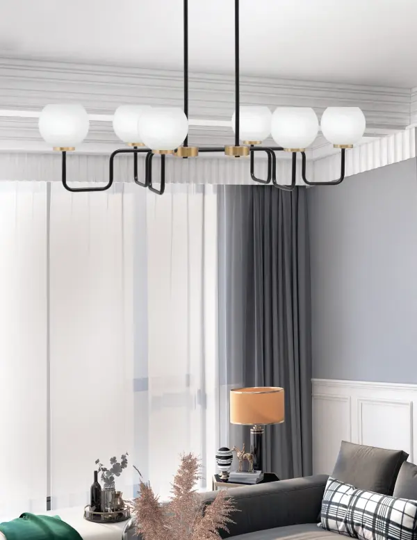 Sandia 6 Light Island Light in Matte Black & New Age Brass with White Marble Glass - Image 3