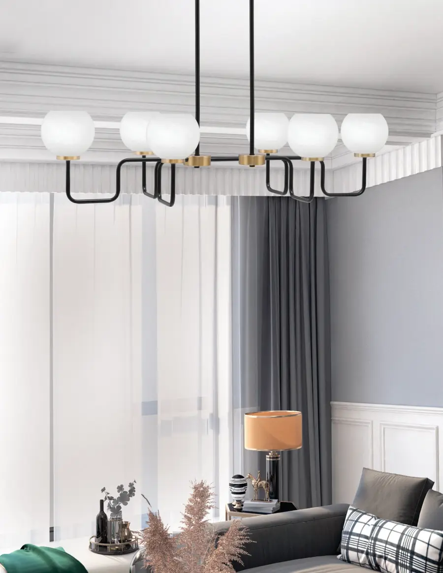 Sandia 6 Light Island Light in Matte Black & New Age Brass with White Marble Glass - Image 3
