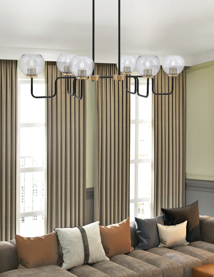 Sandia 6 Light Island Light in Matte Black & New Age Brass with Smoke Bubble Glass - Image 3