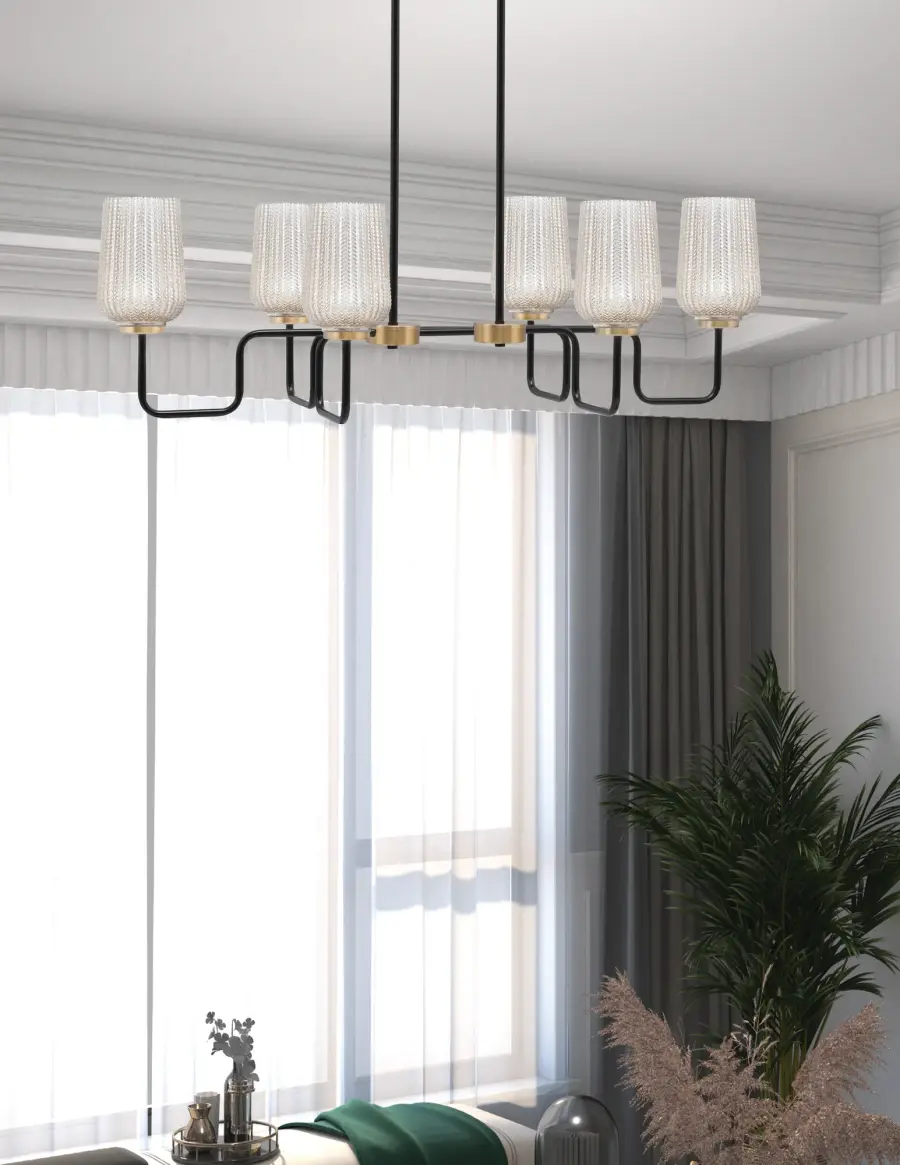 Sandia 6-Light Island Light in Matte Black & New Age Brass with Silver Textured Glass - Image 3