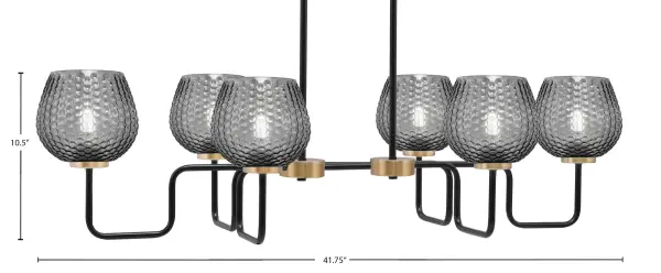 The Sandia 6-Light Island Light combines industrial-inspired matte black with elegant brass accents for a sophisticated modern look. Six smoke textured glass shades create soft, diffused lighting perfect for kitchen islands and dining areas. - alternate view