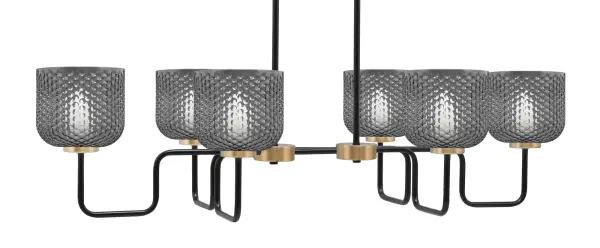 The Sandia 6-Light Island Light delivers striking visual impact with its matte black frame and new age brass accents. Six smoke textured glass shades create warm, diffused illumination perfect for kitchen islands and dining areas.