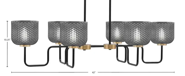 The Sandia 6-Light Island Light delivers striking visual impact with its matte black frame and new age brass accents. Six smoke textured glass shades create warm, diffused illumination perfect for kitchen islands and dining areas. - alternate view