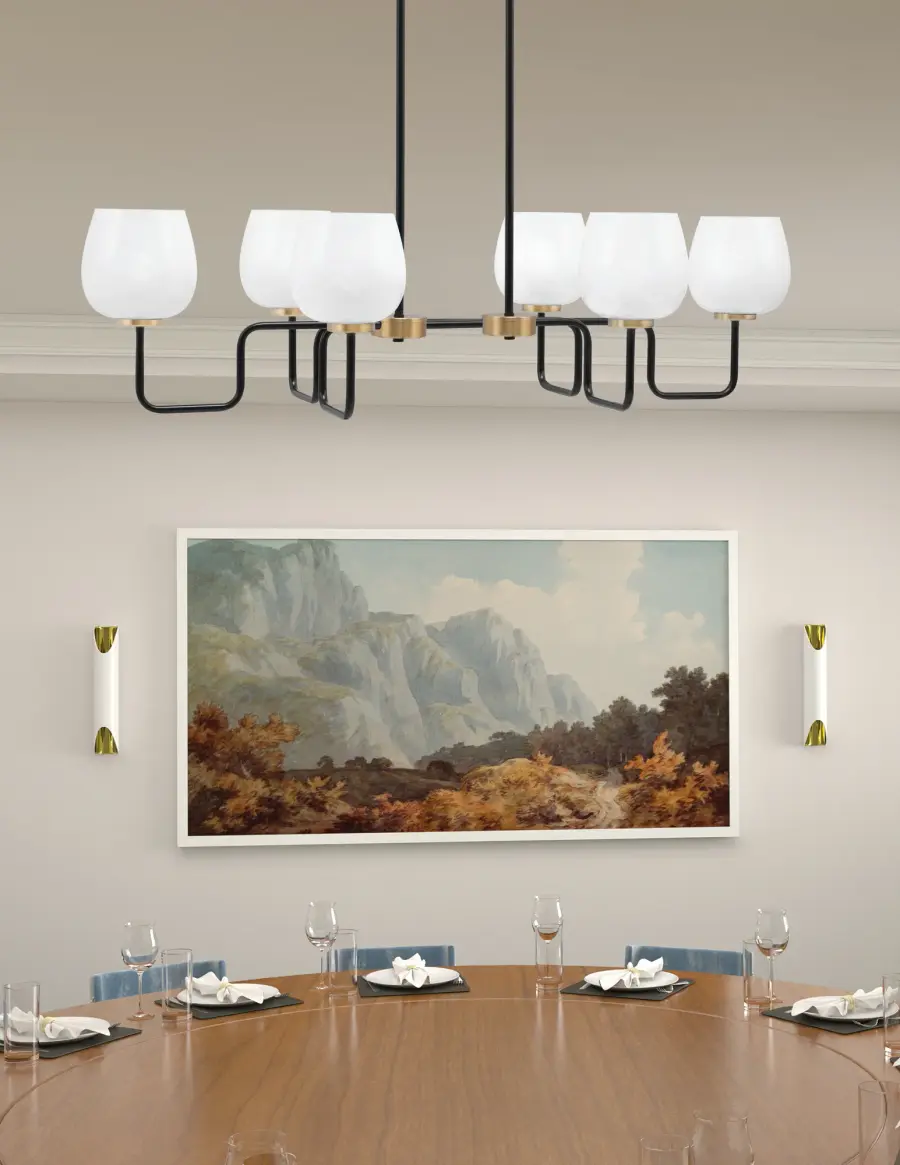 Sandia 6-Light Island Light in Matte Black & New Age Brass with White Marble Glass - Image 3