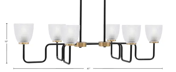 The Sandia 6-Light Island Pendant combines industrial style with modern sophistication through its matte black and brass two-tone finish. Clear ribbed glass shades add visual texture while providing elegant diffused lighting perfect for kitchen islands and dining areas. - alternate view