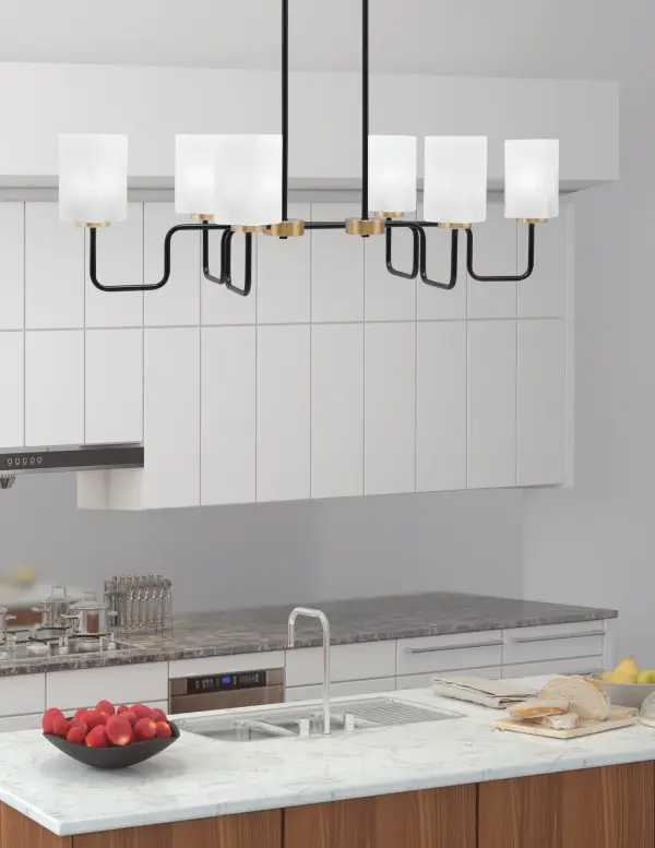 Sandia 6 Light Island Light in Matte Black & New Age Brass with White Marble Glass - Image 3