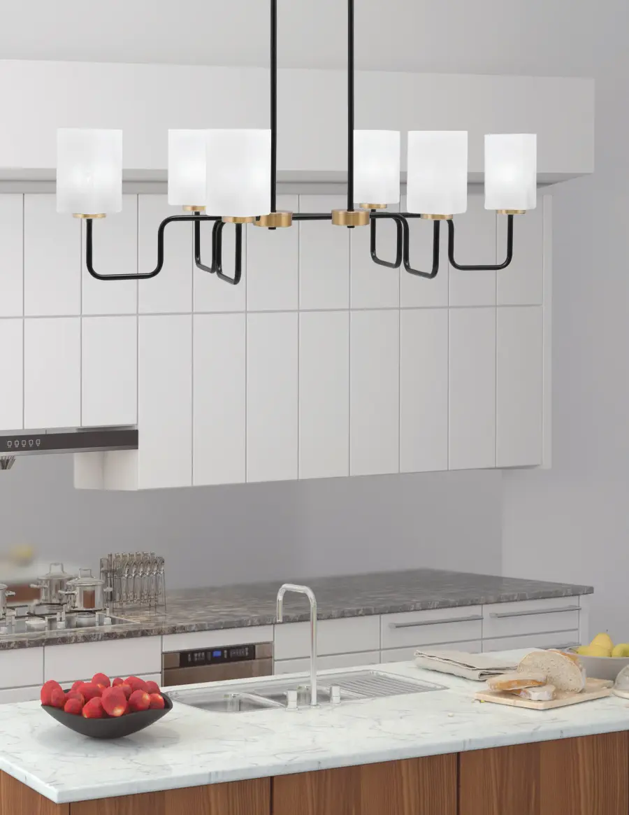 Sandia 6 Light Island Light in Matte Black & New Age Brass with White Marble Glass - Image 3