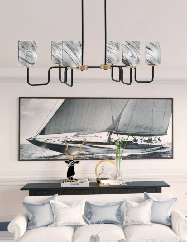 Sandia 6-Light Island Pendant in Matte Black & New Age Brass with Onyx Swirl Glass - Image 3