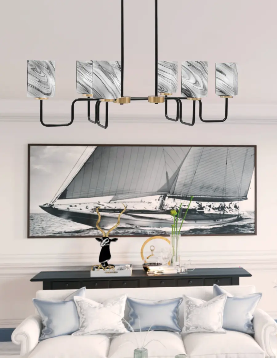 Sandia 6-Light Island Pendant in Matte Black & New Age Brass with Onyx Swirl Glass - Image 3