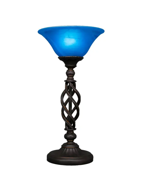 The Elegante Accent Lamp features stunning 10-inch blue Italian glass paired with a sophisticated Dark Granite finish. At 20.25 inches tall, this compact lamp delivers artisan quality and ambient lighting perfect for intimate spaces.