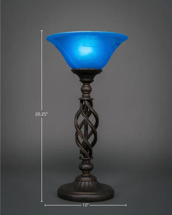The Elegante Accent Lamp features stunning 10-inch blue Italian glass paired with a sophisticated Dark Granite finish. At 20.25 inches tall, this compact lamp delivers artisan quality and ambient lighting perfect for intimate spaces. - alternate view