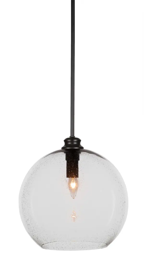 The Kimbro pendant combines contemporary styling with artisanal bubble glass for a sophisticated focal point. Its matte black finish and adjustable height make it versatile for various ceiling heights and room sizes.
