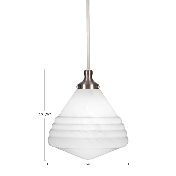The Malena pendant combines New Age Brass finish with distinctive smoke ribbed glass for sophisticated ambient lighting. Its adjustable stem design and compact 14-inch diameter make it versatile for various spaces. - alternate view