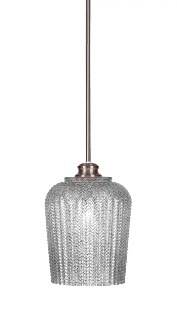 The Cordova pendant combines brushed nickel elegance with a distinctive 9" silver textured glass shade. Its adjustable stem system and hang straight swivel feature offer exceptional installation flexibility for sloped ceilings.